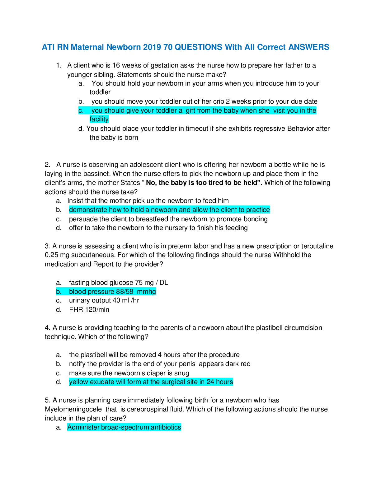 Preview of ATI RN Maternal Newborn 2019 70 QUESTIONS With All Correct ANSWERS